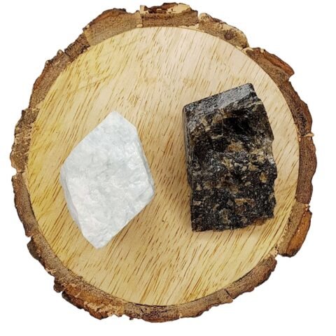 Divine Spirituals Amazonite + Labradorite AAA Grade Raw Natural Crystal Combo with Wooden Natural Bark Coaster for Healing, Meditation and Manifestation Natural Healing Crystals Abundance Stones