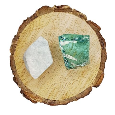 Divine Spirituals Amazonite + Aqua Marine Obsidian AAA Grade Raw Natural Crystal Combo with Wooden Natural Bark Coaster for Healing, Meditation and Manifestation Natural Healing Crystals Abundance Stones