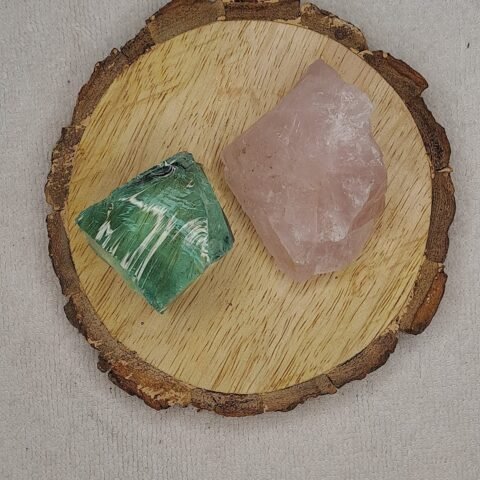 Divine Spirituals Aqua Marine Obsidian and Rose Quartz AAA Grade Raw Natural Crystal Combo with Wooden Natural Bark Coaster for Healing, Meditation and Manifestation Natural Healing Crystals Abundance Stones