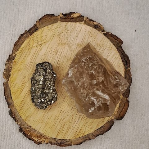Divine Spirituals Pyrite and Smoky Quartz AAA Grade Raw Natural Crystal Combo with Wooden Natural Bark Coaster for Healing, Meditation and Manifestation Cubical Pyrite Clusters Abundance Stones