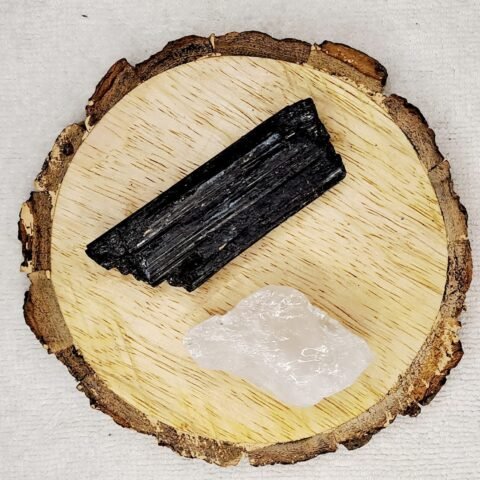 Divine Spirituals Clear Quartz and Black Tourmaline AAA Grade Raw Natural Crystal Combo with Wooden Natural Bark Coaster for Healing, Meditation and Manifestation Natural Healing Crystals Abundance Stones