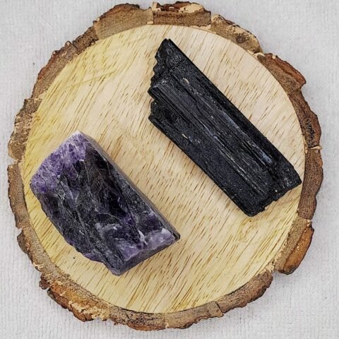 Divine Spirituals Amethyst + Black Tourmaline AAA Grade Raw Natural Crystal Combo with Wooden Natural Bark Coaster for Healing, Meditation and Manifestation Natural Healing Crystals Abundance Stones