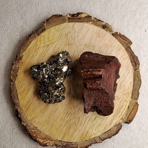 Divine Spirituals Pyrite and Jade AAA Grade Raw Natural Crystal Combo with Wooden Natural Bark Coaster for Healing, Meditation and Manifestation Cubical Pyrite Clusters Abundance Stones