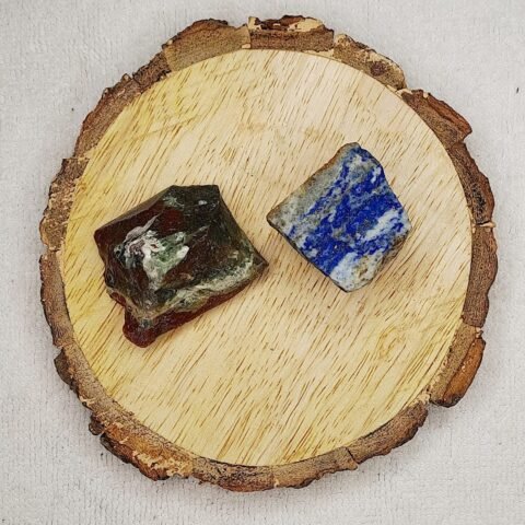 Divine Spirituals Blood Stone and Lapis Lazuli AAA Grade Raw Natural Crystal Combo with Wooden Natural Bark Coaster for Healing, Meditation and Manifestation Natural Healing Crystals Abundance Stones