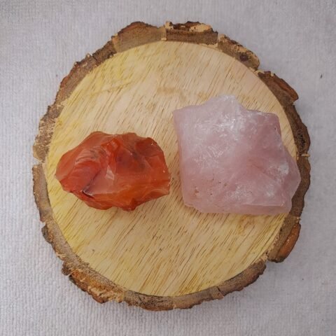 Divine Spirituals Carnelian and Rose Quartz AAA Grade Raw Natural Crystal Combo with Wooden Natural Bark Coaster for Healing, Meditation and Manifestation Natural Healing Crystals Abundance Stones