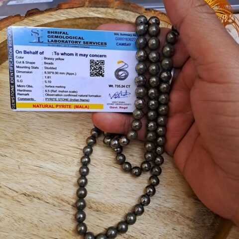 Divine Spirituals Original Pyrite Jaap Mala 108 + 1 – 8 mm Beads for Prosperitiy Wealth Willpower and Financial Abundance with 1 Palo Santo Smude and 1 Pine Wood Box Crystal Mala Abundance Stones 2