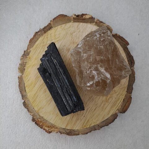 Divine Spirituals Black Tourmaline and Smoky Quartz AAA Grade Raw Natural Crystal Combo with Wooden Natural Bark Coaster for Healing, Meditation and Manifestation Natural Healing Crystals Abundance Stones