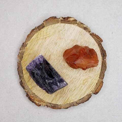 Divine Spirituals Amethyst and Carnelian AAA Grade Raw Natural Crystal Combo with Wooden Natural Bark Coaster for Healing, Meditation and Manifestation Natural Healing Crystals Abundance Stones