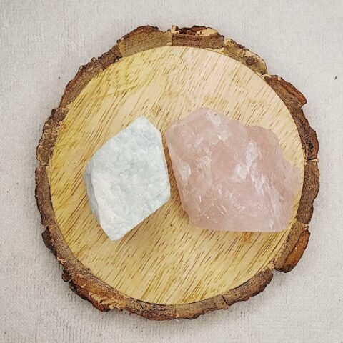 Divine Spirituals Amazonite + Rose Quartz AAA Grade Raw Natural Crystal Combo with Wooden Natural Bark Coaster for Healing, Meditation and Manifestation Natural Healing Crystals Abundance Stones
