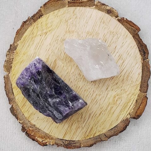 Divine Spirituals Amethyst and Clear Quartz AAA Grade Raw Natural Crystal Combo with Wooden Natural Bark Coaster for Healing, Meditation and Manifestation Natural Healing Crystals Abundance Stones