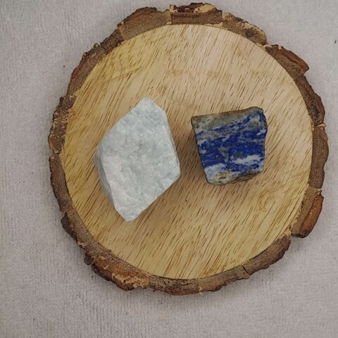 Divine Spirituals Amazonite + Lapis Lazuli AAA Grade Raw Natural Crystal Combo with Wooden Natural Bark Coaster for Healing, Meditation and Manifestation Natural Healing Crystals Abundance Stones