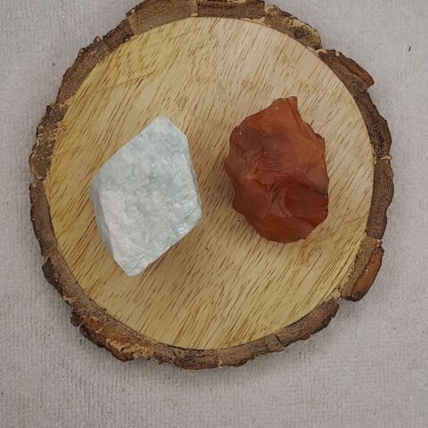 Divine Spirituals Amazonite + Carnelian AAA Grade Raw Natural Crystal Combo with Wooden Natural Bark Coaster for Healing, Meditation and Manifestation Natural Healing Crystals Abundance Stones