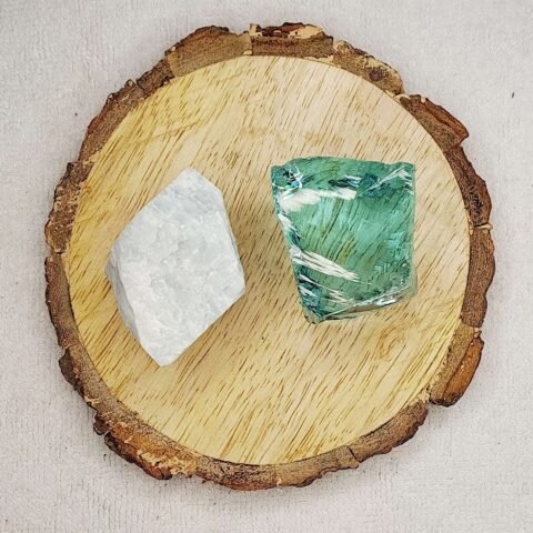 Divine Spirituals Amazonite + Aqua Marine Obsidian AAA Grade Raw Natural Crystal Combo with Wooden Natural Bark Coaster for Healing, Meditation and Manifestation Natural Healing Crystals Abundance Stones