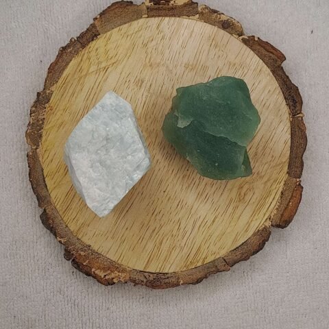 Divine Spirituals Amazonite + Green Aventurine AAA Grade Raw Natural Crystal Combo with Wooden Natural Bark Coaster for Healing, Meditation and Manifestation Natural Healing Crystals Abundance Stones