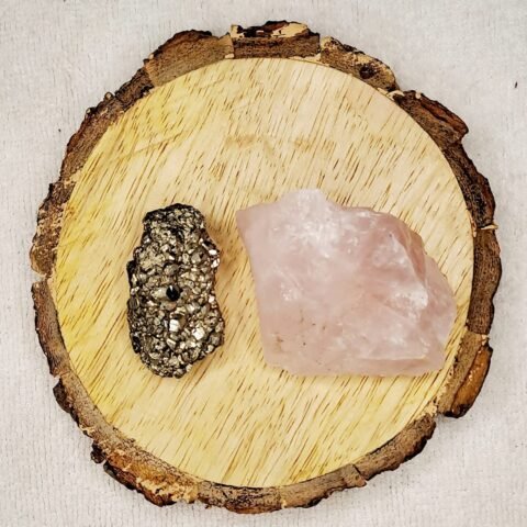 Divine Spirituals Pyrite and Rose Quartz AAA Grade Raw Natural Crystal Combo with Wooden Natural Bark Coaster for Healing, Meditation and Manifestation Cubical Pyrite Clusters Abundance Stones