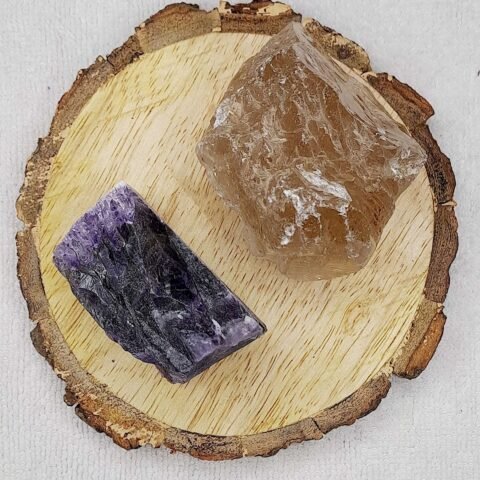 Divine Spirituals Amethyst and Smoky Quartz AAA Grade Raw Natural Crystal Combo with Wooden Natural Bark Coaster for Healing, Meditation and Manifestation Natural Healing Crystals Abundance Stones
