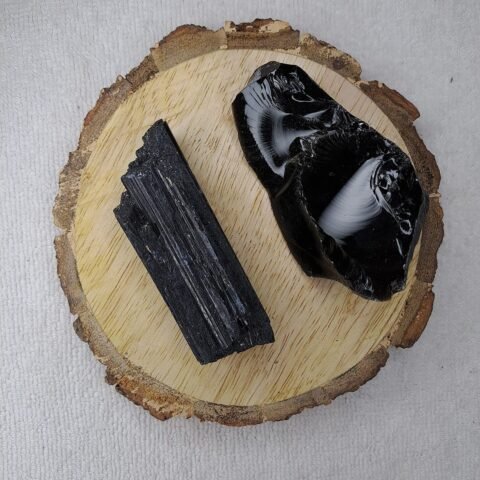 Divine Spirituals Black Tourmaline and Black Obsidian AAA Grade Raw Natural Crystal Combo with Wooden Natural Bark Coaster for Healing, Meditation and Manifestation Natural Healing Crystals Abundance Stones